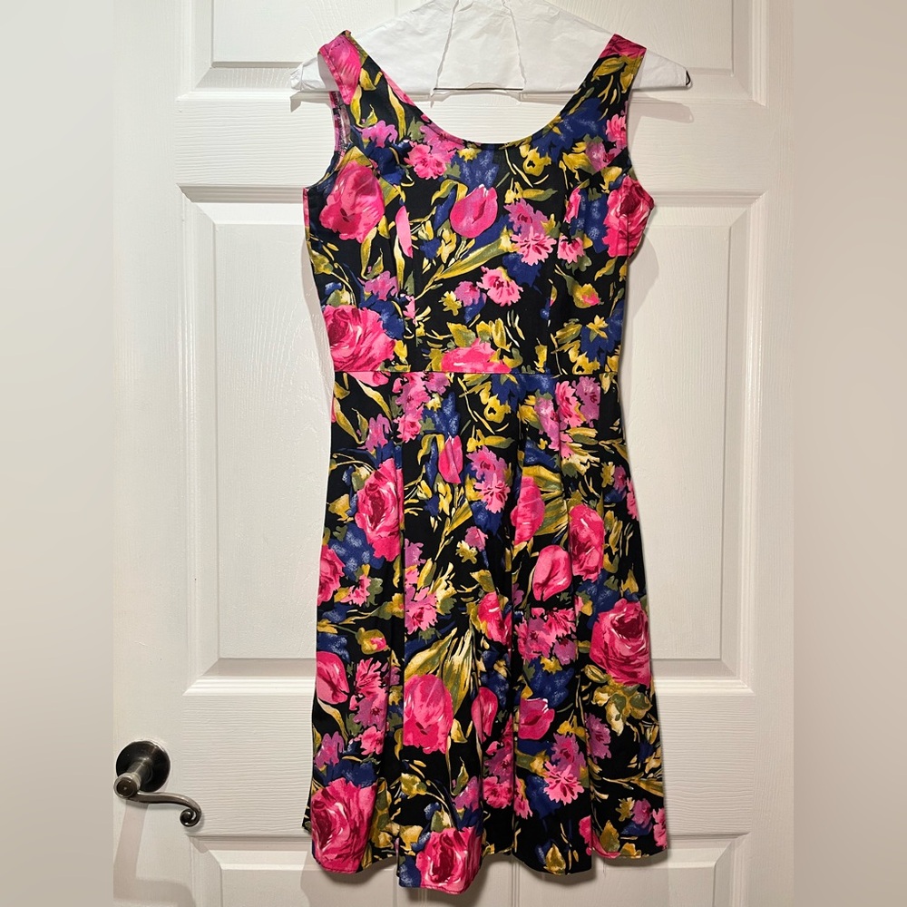 Vibrant Floral Midi Dress - Pink, Blue, Yellow